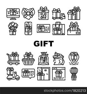 Gift Package Surprise On Holiday Icons Set Vector. Gift Box And Container Packaging, Delivery Service And Carrying, Online Purchase And Discount Coupon Present Contour Illustrations. Gift Package Surprise On Holiday Icons Set Vector