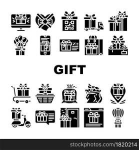 Gift Package Surprise On Holiday Icons Set Vector. Gift Box And Container Packaging, Delivery Service And Carrying, Online Purchase And Discount Coupon Present Glyph Pictograms Black Illustrations. Gift Package Surprise On Holiday Icons Set Vector