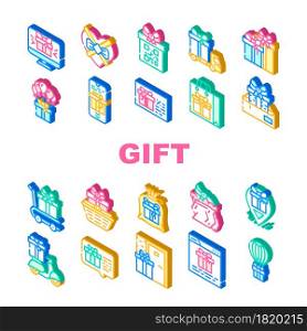 Gift Package Surprise On Holiday Icons Set Vector. Gift Box And Container Packaging, Delivery Service And Carrying, Online Purchase And Discount Coupon Present Isometric Sign Color Illustrations. Gift Package Surprise On Holiday Icons Set Vector