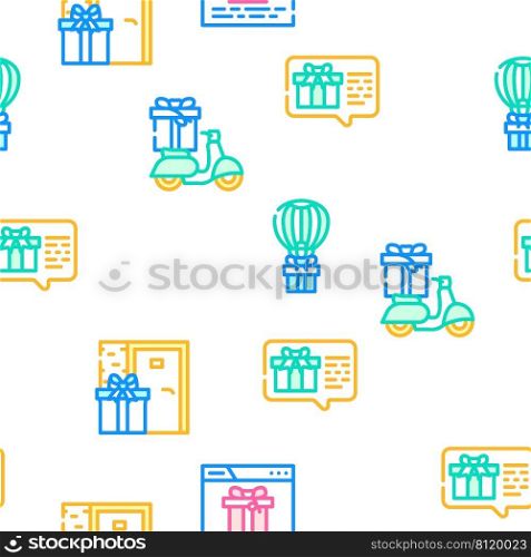 Gift Package Surprise On Holiday Vector Seamless Pattern Color Line Illustration. Gift Package Surprise On Holiday Icons Set Vector