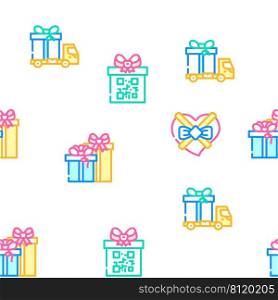Gift Package Surprise On Holiday Vector Seamless Pattern Color Line Illustration. Gift Package Surprise On Holiday Icons Set Vector