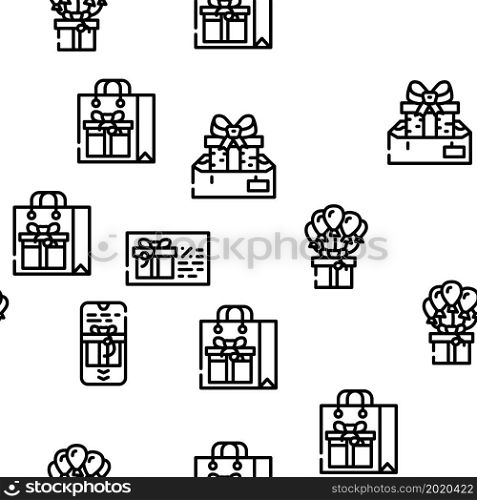 Gift Package Surprise On Holiday Vector Seamless Pattern Thin Line Illustration. Gift Package Surprise On Holiday Vector Seamless Pattern