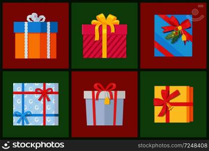 Gift packs set, presents wrapped in paper with red ribbons, topped by pine bells and bow, holiday boxes vector illustration isolated on white background.. Gift Packs Set, Presents Wrapped in Paper Ribbons