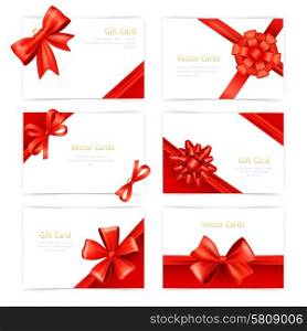 Gift paper cards set with red silk ribbon decoration isolated vector illustration. Gift Cards Set