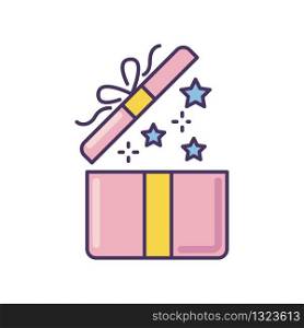 Gift pink RGB color icon. Open present. Surprise in festive box. Party item. Special prize. Decoration with ribbon and confetti. Celebrate birthday. Give away. Isolated vector illustration