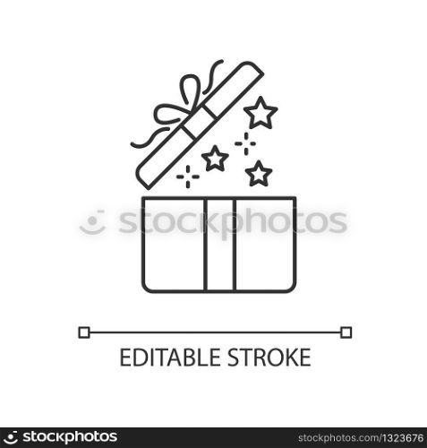 Gift pixel perfect linear icon. Open present. Surprise in box. Celebrate birthday. Give away. Thin line customizable illustration. Contour symbol. Vector isolated outline drawing. Editable stroke