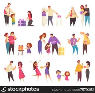 Gift present giving set of isolated icons with flat doodle characters of people in different relationships vector illustration