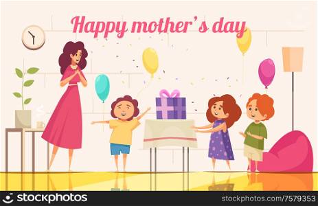 Gift present mom mother day composition with editable text and indoor scenery with kids and mother vector illustration