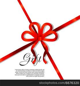 Gift Red Wide Ribbon. Bright Bow with Two Petals. Card vector illustration on white background, luxury wide gift bow with red knot or ribbon and space frame for text, gift wrapping template for banner, poster design. Simple cartoon style Flat design