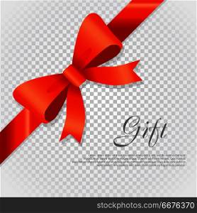 Gift Red Wide Ribbon. Bright Bow with Two Petals. Card vector illustration on transparent background, luxury wide gift bow with red knot or ribbon and space frame for text, gift wrapping template for banner, poster design. Simple cartoon style Flat design