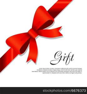 Gift Red Wide Ribbon. Bright Bow with Two Petals. Card vector illustration on white background, luxury wide gift bow with red knot or ribbon and space frame for text, gift wrapping template for banner, poster design. Simple cartoon style Flat design
