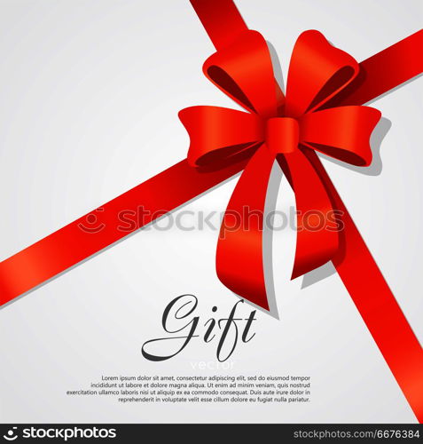 Gift. Red Wide Ribbon. Bright Bow with Two Petals. Gift card vector illustration on white background, luxury wide gift bow with red ribbon and space frame for text, gift wrapping template for banner, poster design. Simple cartoon style. Flat design