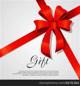 Gift. Red Wide Ribbon. Bright Bow with Two Petals. Gift card vector illustration on white background, luxury wide gift bow with red ribbon and space frame for text, gift wrapping template for banner, poster design. Simple cartoon style. Flat design