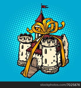 gift ribbon medieval castle, fairy kingdom. real estate. Pop art retro vector illustration drawing kitsch vintage. gift ribbon medieval castle, fairy kingdom. real estate