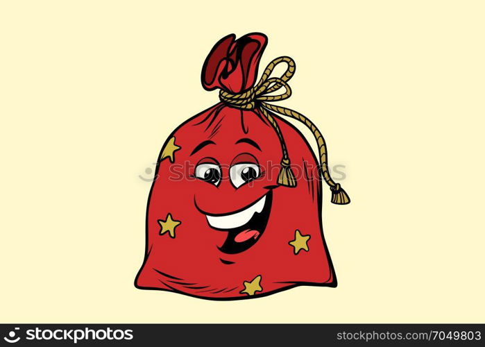 gift Santa sack cute smiley face character. Comic book cartoon pop art illustration retro vector. gift Santa sack cute smiley face character