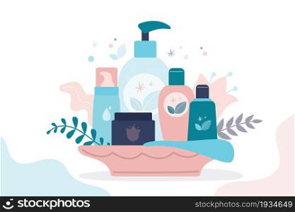 Gift set of organic cosmetics for women. Various bottles, tubes and jars for skincare. Female cosmetics: gels, lotions and creams for body care. Concept of natural products. Flat vector illustration. Gift set of organic cosmetics for women. Various bottles, tubes and jars for skincare. Female cosmetics: gels, lotions and creams for body care