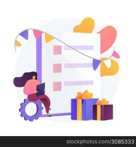 Gift shopping checklist. Girl cartoon character buying presents online. E-commerce, gift card, promotion. Birthday, anniversary bonus. Vector isolated concept metaphor illustration. Gift shopping vector concept metaphor