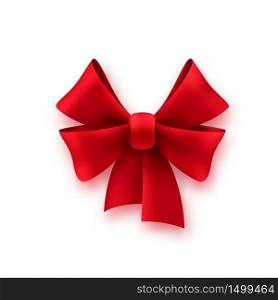 Gift silk red bow. Shiny textile ribbon decoration on present for birthday or christmas, vector holiday package element. Gift silk red bow. Shiny textile decoration on present for birthday or christmas, vector holiday element