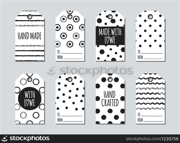 Gift tags and cards set with hand drawn elements. Collection of handmade label paper in black and white. Hand crafted badge sale design. Price tag and hobby card. Vector illustration. Hand made print. Gift tags and cards set with hand drawn elements. Collection of handmade label paper in black and white. Hand crafted badge sale design. Price tag and hobby card. Vector illustration. Hand made print.