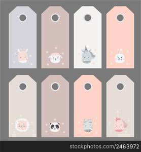 gift tags. Set of cute animal portraits - zebra, unicorn and hare, lion and panda, giraffe and sheep. Vector illustration. Scandinavian style. Childrens collection. For the design, design and printing