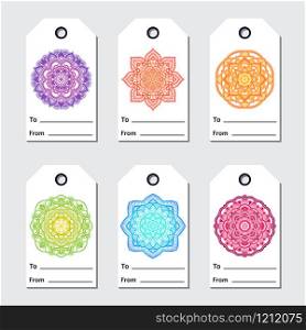 Gift tags set with mandala. Ethnic round ornament. Hand drawn indian moroccan arabic oriental motif. Meditation yoga theme. Sale colorful gradient badges design. Gift tags set with mandala. Ethnic round ornament. Hand drawn indian moroccan arabic oriental motif. Meditation yoga theme. Sale colorful gradient badges design.