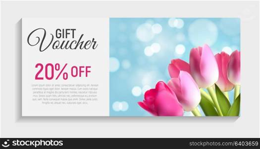 Gift Voucher Card Template with Flowers. 3D Realistic Vector Iillustration. EPS10. Gift Voucher Card Template with Flowers. 3D Realistic Vector Iil