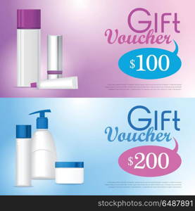 Gift Voucher Cosmetic Template. Certificate Coupon. Gift voucher cosmetics template. Present for 100 and 200 dollars. Certificate coupon on buying professional natural organic sea cosmetics. Part of series of decorative cosmetics items. Vector