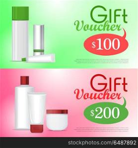 Gift Voucher Cosmetic Template. Certificate Coupon. Gift voucher cosmetics template. Present for 100 and 200 dollars. Certificate coupon on buying professional natural organic sea cosmetics. Part of series of decorative cosmetics items. Vector