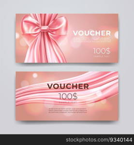 Gift voucher design template. Set of premium promotional card with realistic pink bow and silk isolated on bokeh background. Discount certificates, coupon or leaflet. Vector 3d illustration.. Gift voucher design template. Set of premium promotional card with realistic pink bow and silk isolated on bokeh background. Discount certificates, coupon or leaflet. Vector 3d illustration