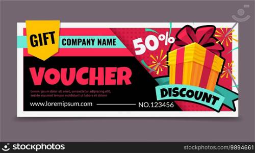 Gift voucher. Promotion birthday certificate with gift box, surprise discount ticket, promo shopping flyer, present sale coupon, special offer blank template vector horizontal flat style illustration. Gift voucher. Promotion birthday certificate with gift box, surprise discount ticket, promo shopping flyer, present sale coupon, special offer template vector horizontal flat illustration