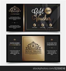 Gift Voucher Royal Brand Template. Gift voucher royal brand template with ornate flourishes crowns and diamonds on black background isolated vector illustration