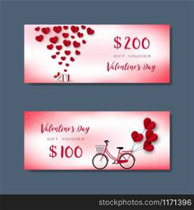 Gift Voucher set for happy Valentine's day,design element with gift box,hearts,bicycle,can be used for banner,flyer,poster,brochure,invitation or greeting card