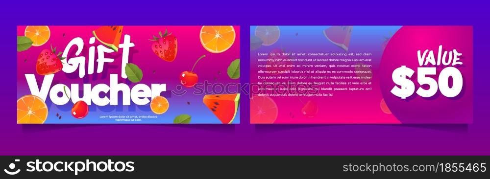 Gift voucher, shopping certificate two-sided vector mockup with summer fruits, berries and value price. , Promo card for store or cafe discount, off, special offer coupon cartoon printable template. Gift voucher, shopping certificate vector mockup