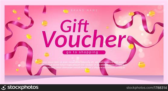 Gift voucher, shopping certificate with ribbons and confetti on pink blurred background. Special coupon or promo card template for store or cafe discount, price off or special offer, Vector mockup. Gift voucher, shopping certificate with ribbons