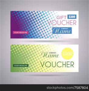 Gift voucher template with creative concept art style layout template of an isolated dots background, vector.
