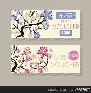 Gift voucher template with floral design, vector.