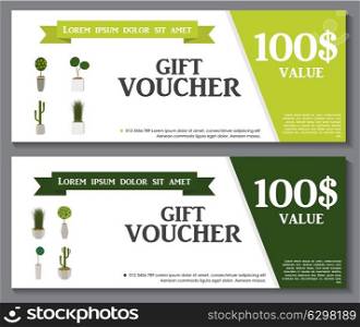 Gift Voucher Template with Green Plant in flowerpot. Discount Coupon. Vector Illustration. EPS10. Gift Voucher Template with Green Plant in flowerpot. Discount Co