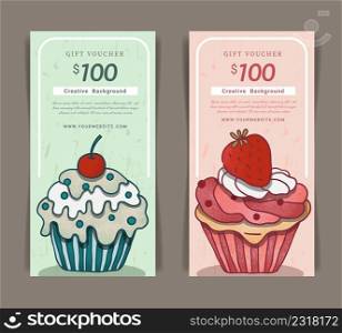 Gift voucher template with hand drawn style, Design using cupcakes, cute design, vector illustration,vector illustration.