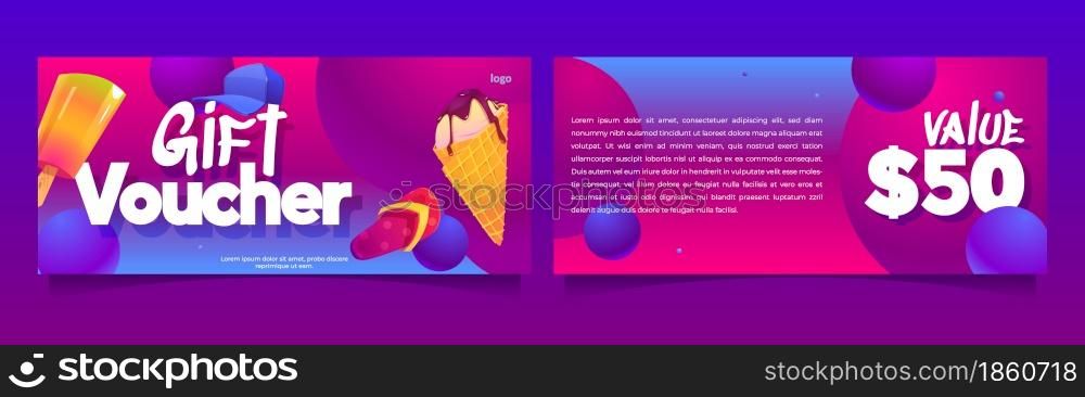 Gift voucher template with ice cream, slippers and cap. Vector coupon for sweet shop, cafe on beach or summer resort with cartoon flip flops, popsicle and ice cream in wafer cone. Gift voucher template with ice cream and slippers
