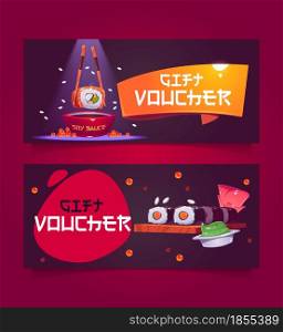 Gift voucher template with sushi illustration. Vector coupon for japanese restaurant with cartoon traditional asian food, rice rolls with fish, soy sauce and ginger. Promotion flyers with present. Gift voucher template with japanese sushi