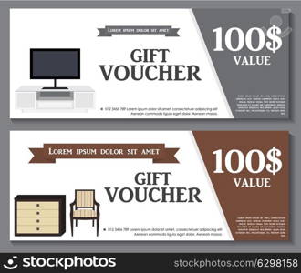 Gift Voucher Template with variation of furniture for apartments Discount Coupon. Vector Illustration. EPS10. Gift Voucher Template with variation of furniture for apartments