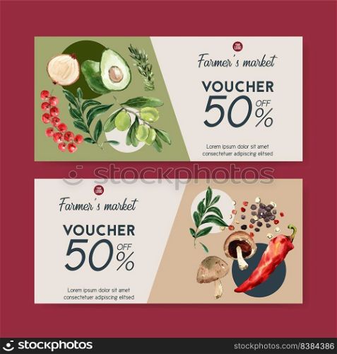 gift voucher vegetable watercolor paint collection. Fresh food organic healthy design illustration