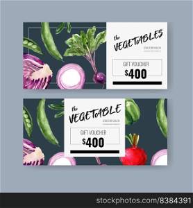 gift voucher vegetable watercolor paint collection. Fresh food organic healthy design illustration