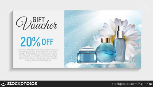 Gift Voucher with Design Cosmetics Product Template Background. 3D Realistic Vector Iillustration. EPS10. Gift Voucher with Design Cosmetics Product Template Background