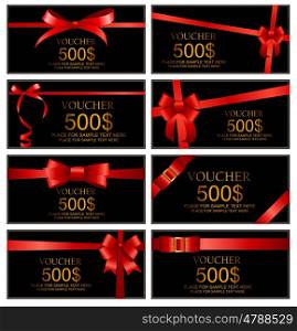 Gift Voucher with Red Bow and Ribbon Set Template For Your Business. Vector Illustration EPS10