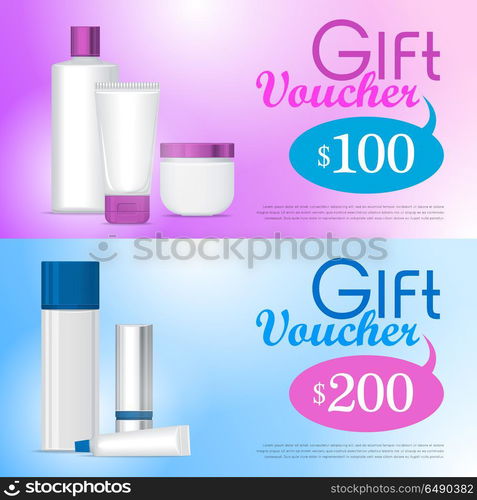 Gift vouchers in cosmetics store design template. White clean tubes, sticks and bottles for lipstick, cream, shampoo, foam, lotion on pink on blue gradient background with text and prepayment sum. Gift Voucher in Cosmetics Store Design Template . Gift Voucher in Cosmetics Store Design Template