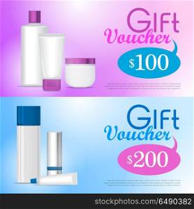 Gift vouchers in cosmetics store design template. White clean tubes, sticks and bottles for lipstick, cream, shampoo, foam, lotion on pink on blue gradient background with text and prepayment sum. Gift Voucher in Cosmetics Store Design Template . Gift Voucher in Cosmetics Store Design Template