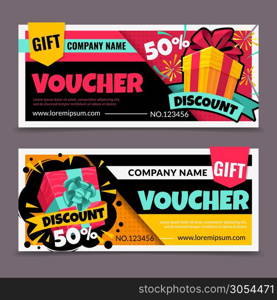 Gift vouchers. Marketing business flyer, promotion birthday certificate, christmas gift tickets design, shopping reward coupon vector colorful sale symbol mockup. Gift vouchers. Marketing business flyer, promotion birthday certificate, christmas gift tickets design, shopping reward coupon vector mockup