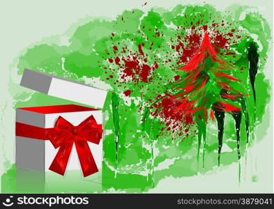 gift with red bow and tree on abstract grunge background