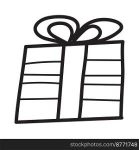 Gift with stripes and bow in style of doodles. Vector isolated image for use in festive design. Gift with stripes and bow in style of doodles